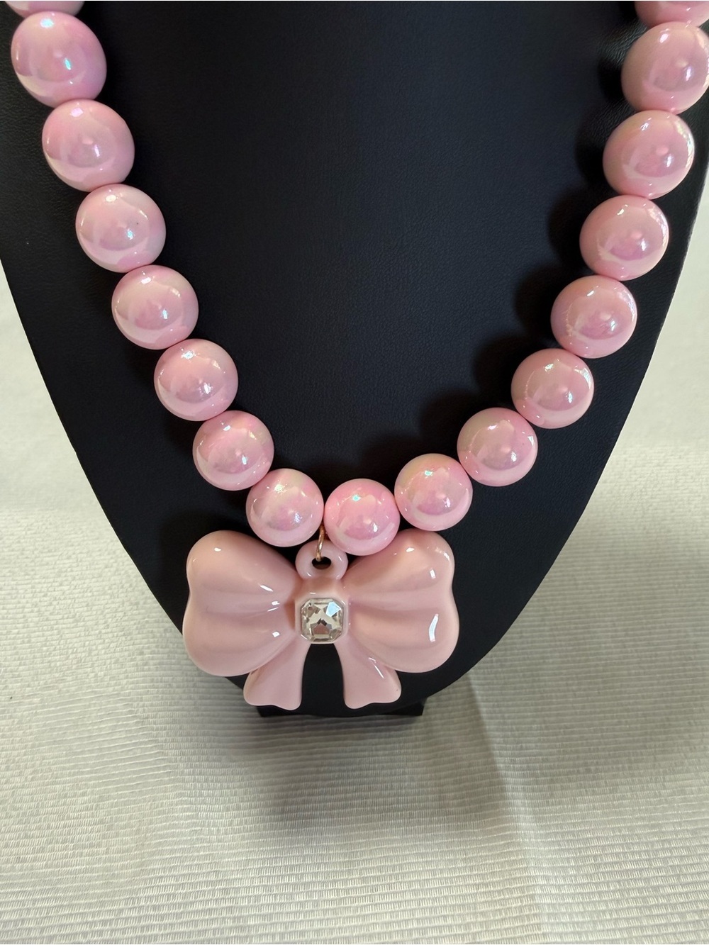 Pink Beaded Ball Necklace Bow Charm Pendant Clear Emerald Crystal, 18in